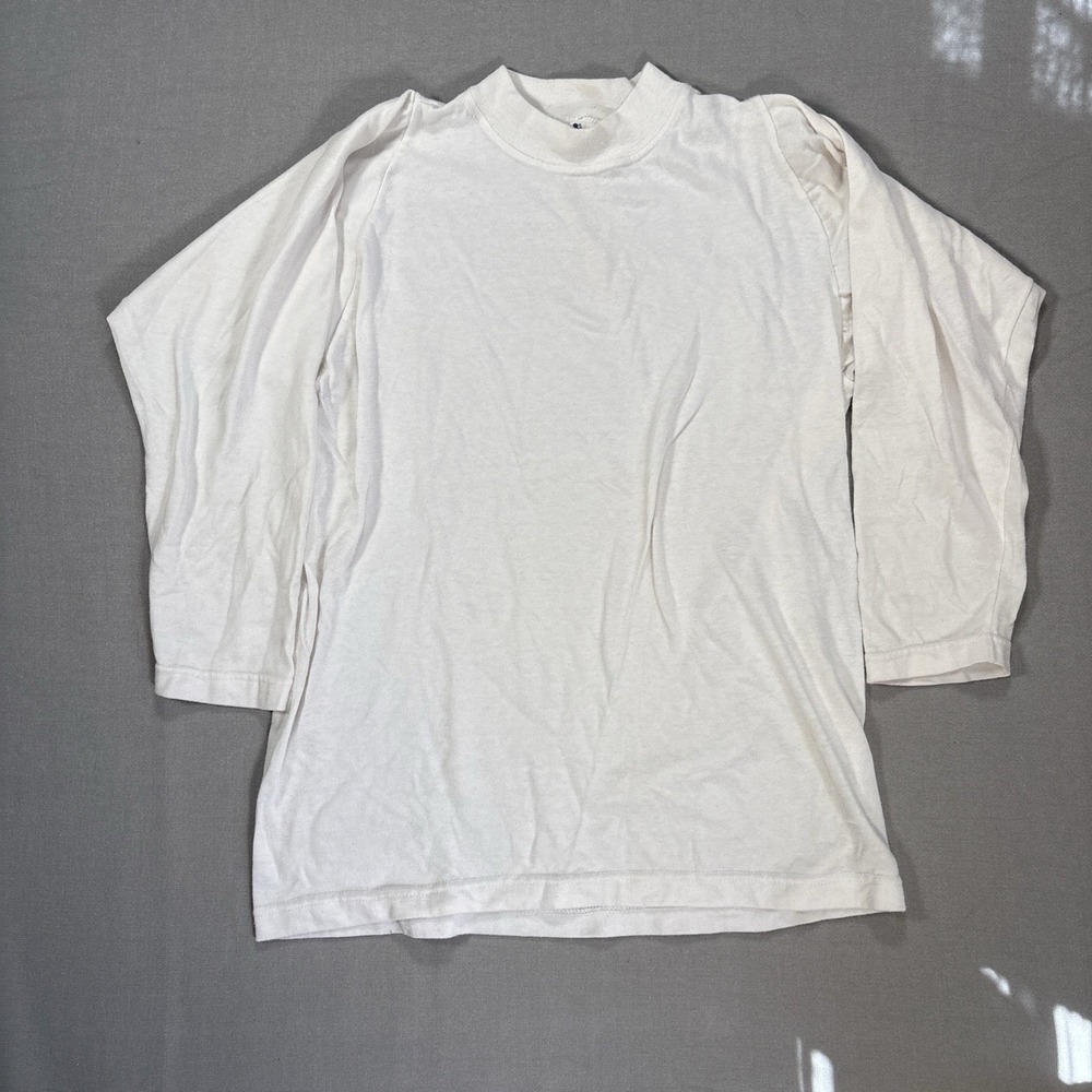 Vintage Champion Shirt Mens Large White 3/4 Sleeve Made In USA Minimalist